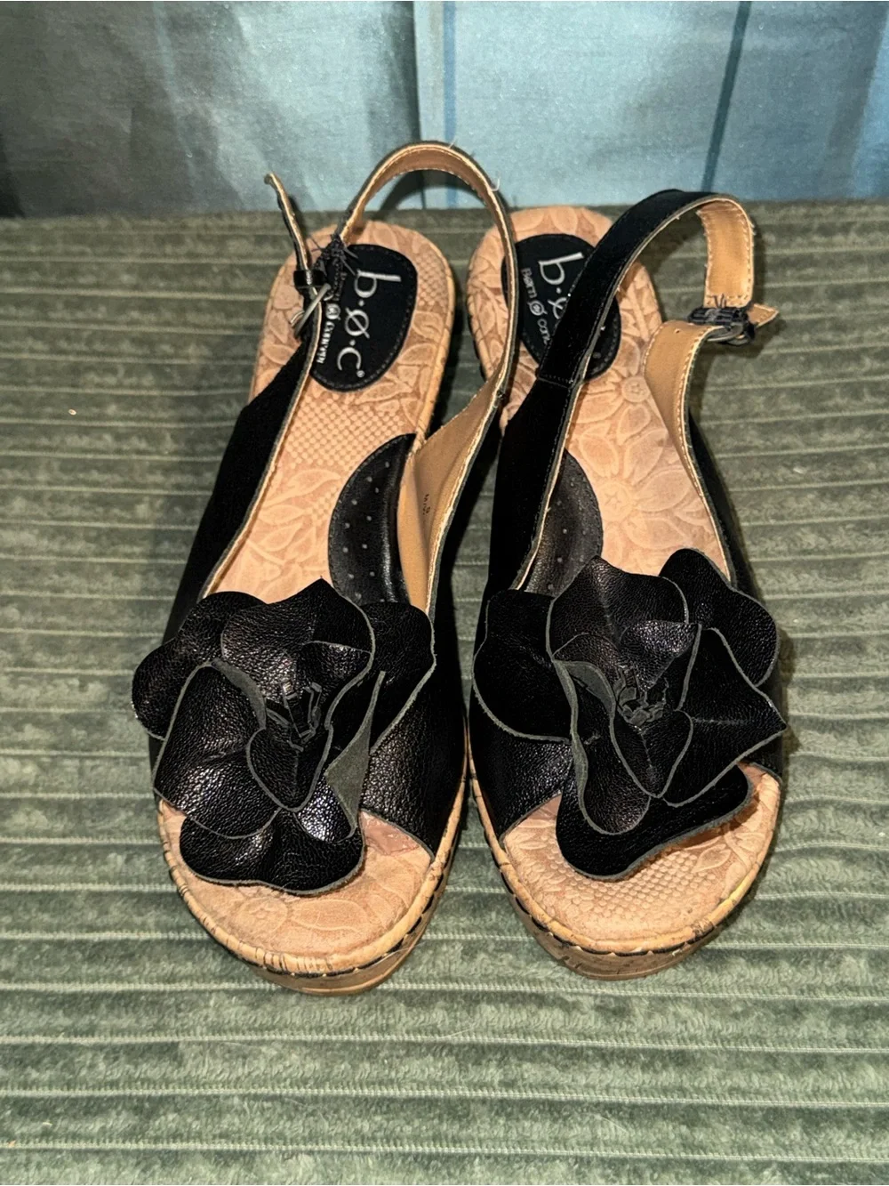 boc Black Cork Wedge Slingback Sandals with Ruffle Bow